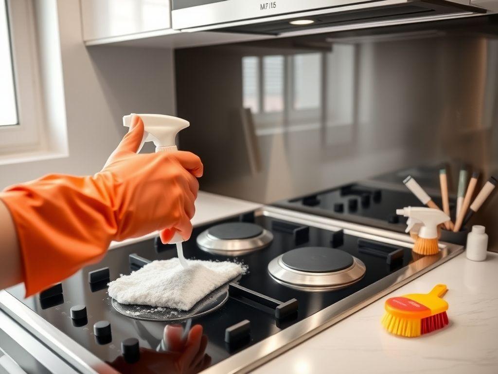 Gloved hands deep-scrubbing a stainless steel hob