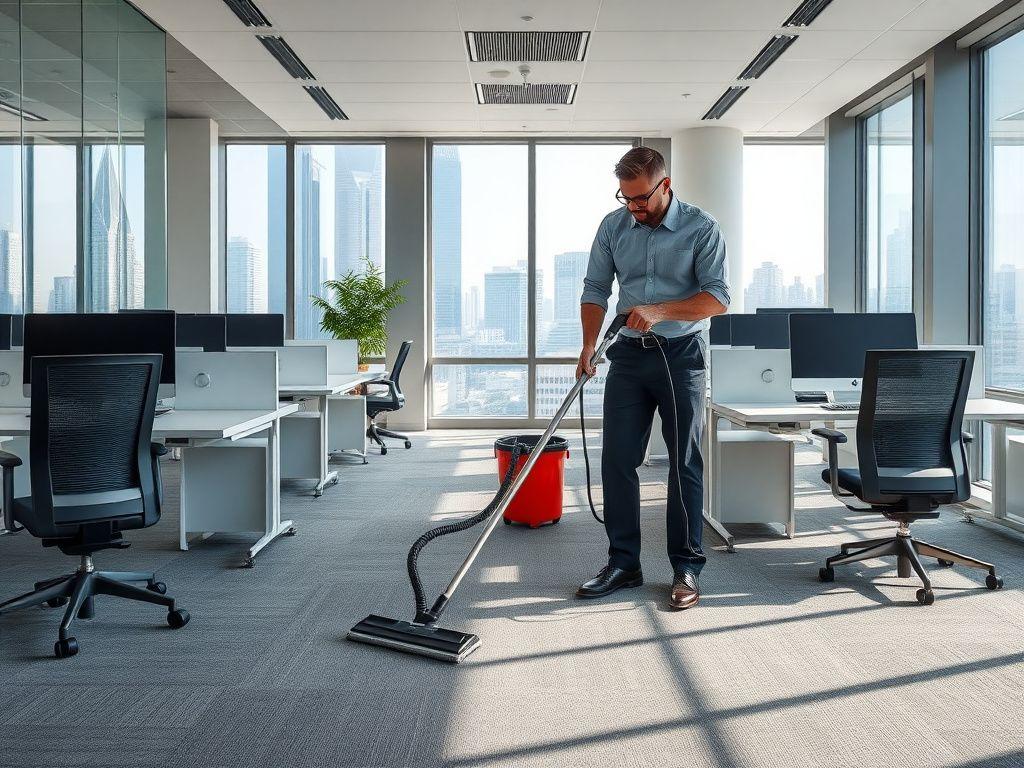 Cleaner vacuuming a modern office