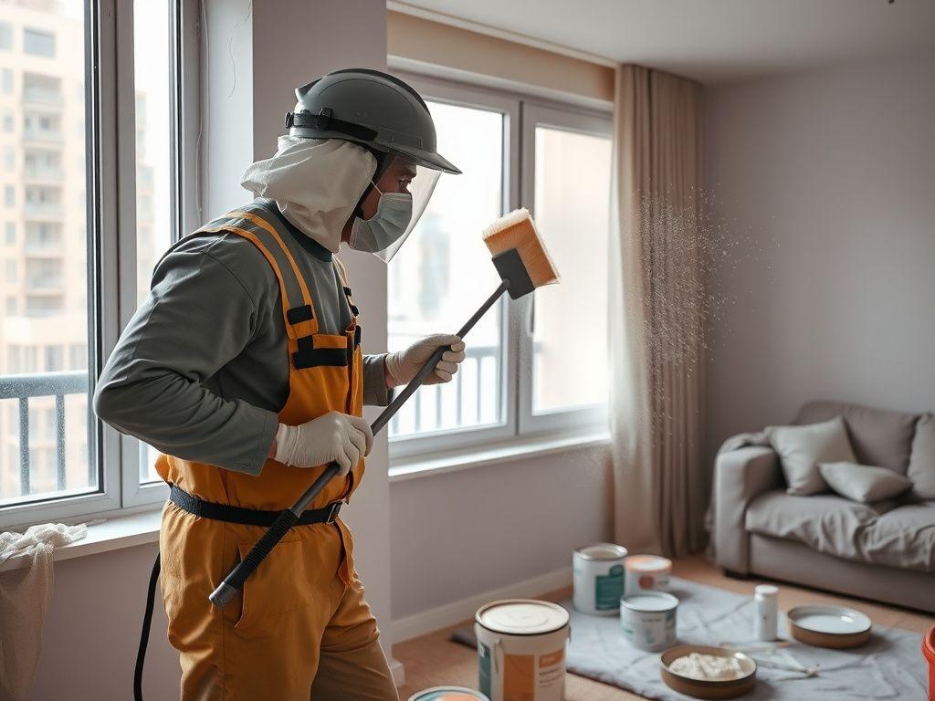 Worker wiping construction dust from a windowsill after renovation